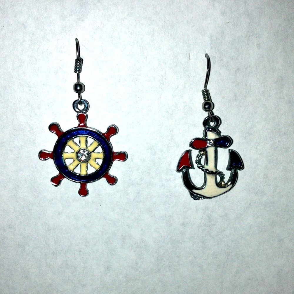 Nautical Anchor and Wheel Ship Dangle Earrings Design w/ Red, White & Blue